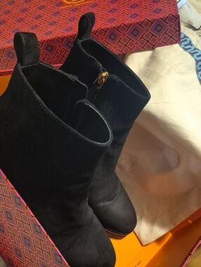 Tory Burch Black Suede Ankle Booties with Gold Zip